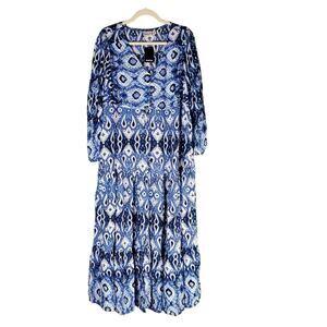Avenue Women's Navy Blue Border V-Neck Boho Long Sleeve Maxi Dress Size 14